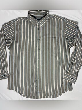 Kenneth Roberts Platinum Striped Button Down Shirt Men's XL Gray Blue Beige Nice